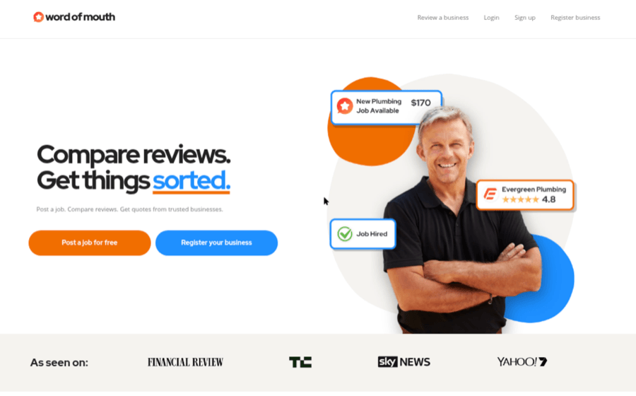 Business review website interface with happy plumber.