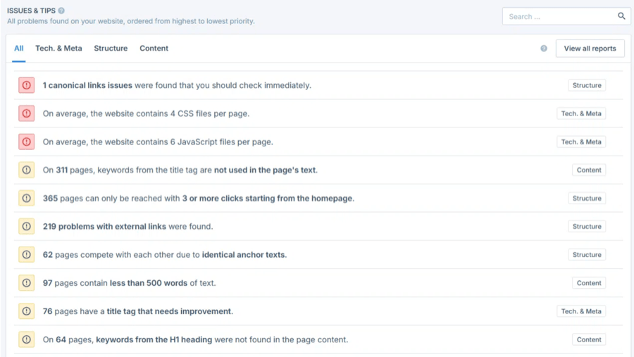 Dashboard insights displaying SEO audit results with optimization scores and prioritized issue detection