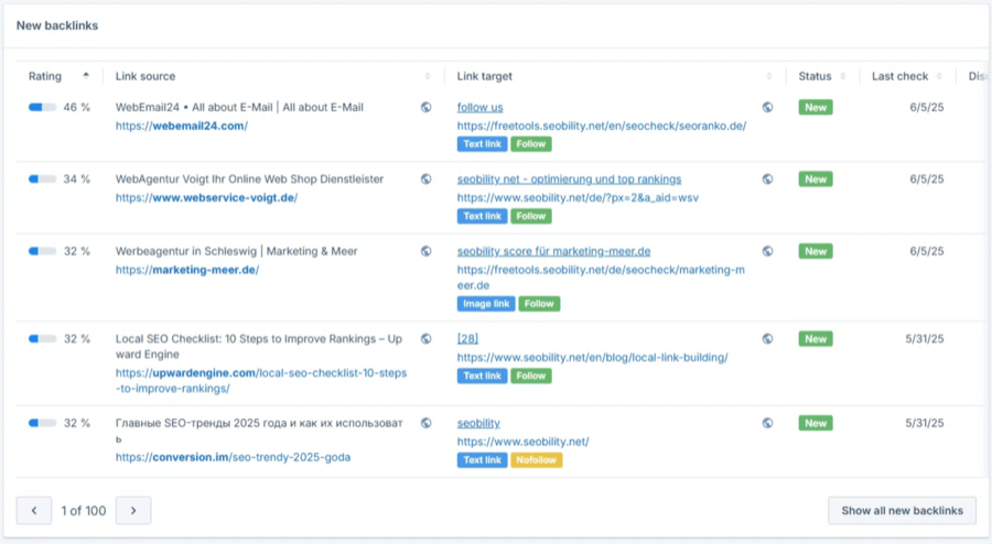 A detailed list of backlinks in Seobility, showing referring domains and anchor text.