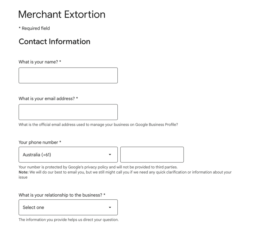 Online form titled Merchant Extortion with various fields
