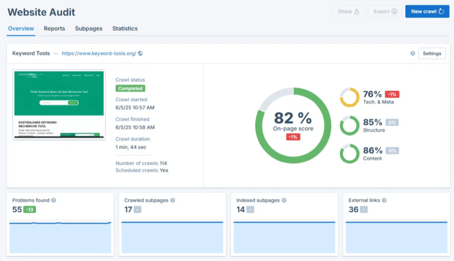 Seobility's website audit tool showing the on-page SEO score and technical analysis results.