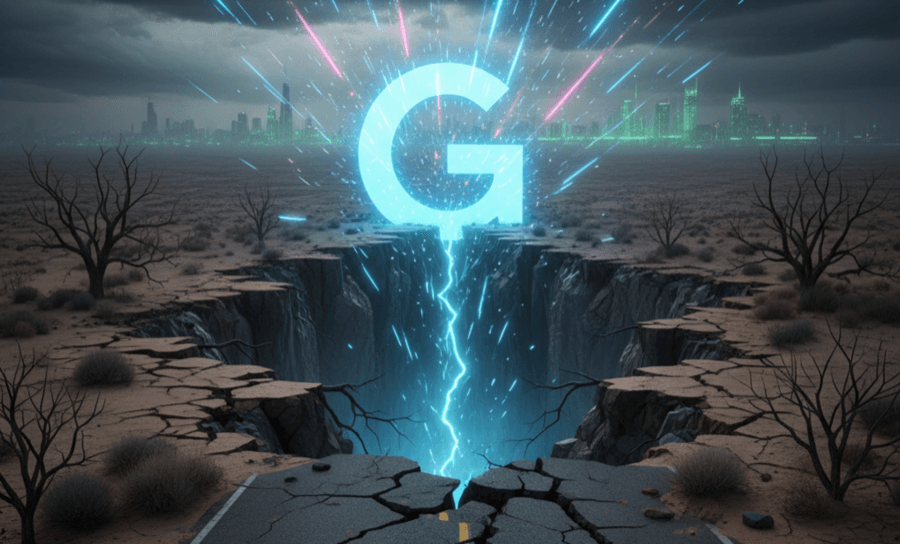 Futuristic letter G emitting light in barren desert landscape