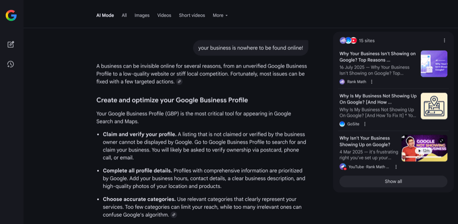 Screenshot of Google Search results page about business profiles