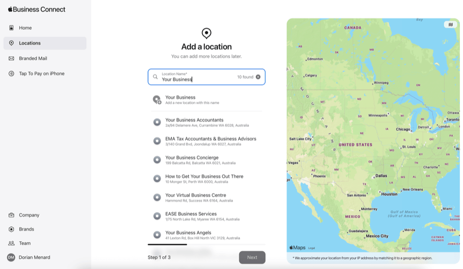 Business Connect app location adding interface with map