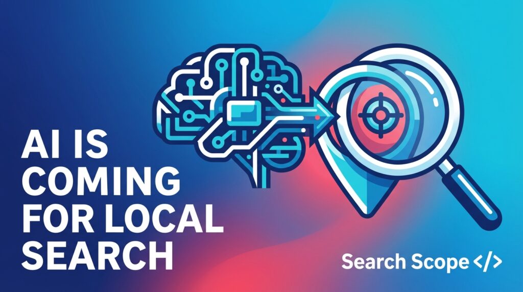 AI impacting local search with brain and magnifying glass graphic
