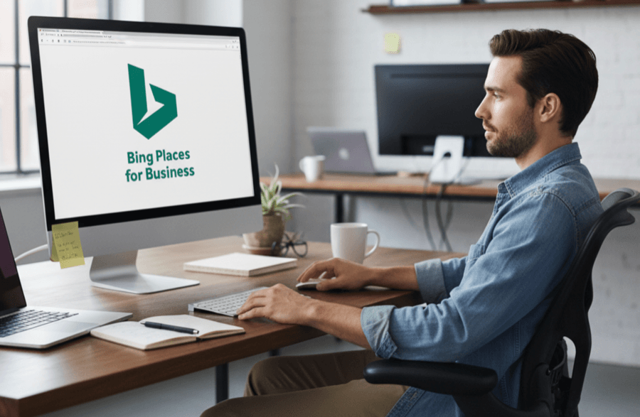 Man using computer with Bing Places for Business on screen