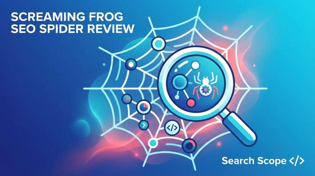 Graphic for Screaming Frog SEO Spider Review with magnifying glass