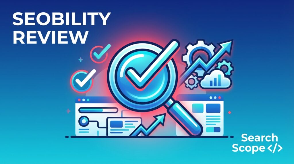 Colourful SEO review concept graphic with magnifying glass