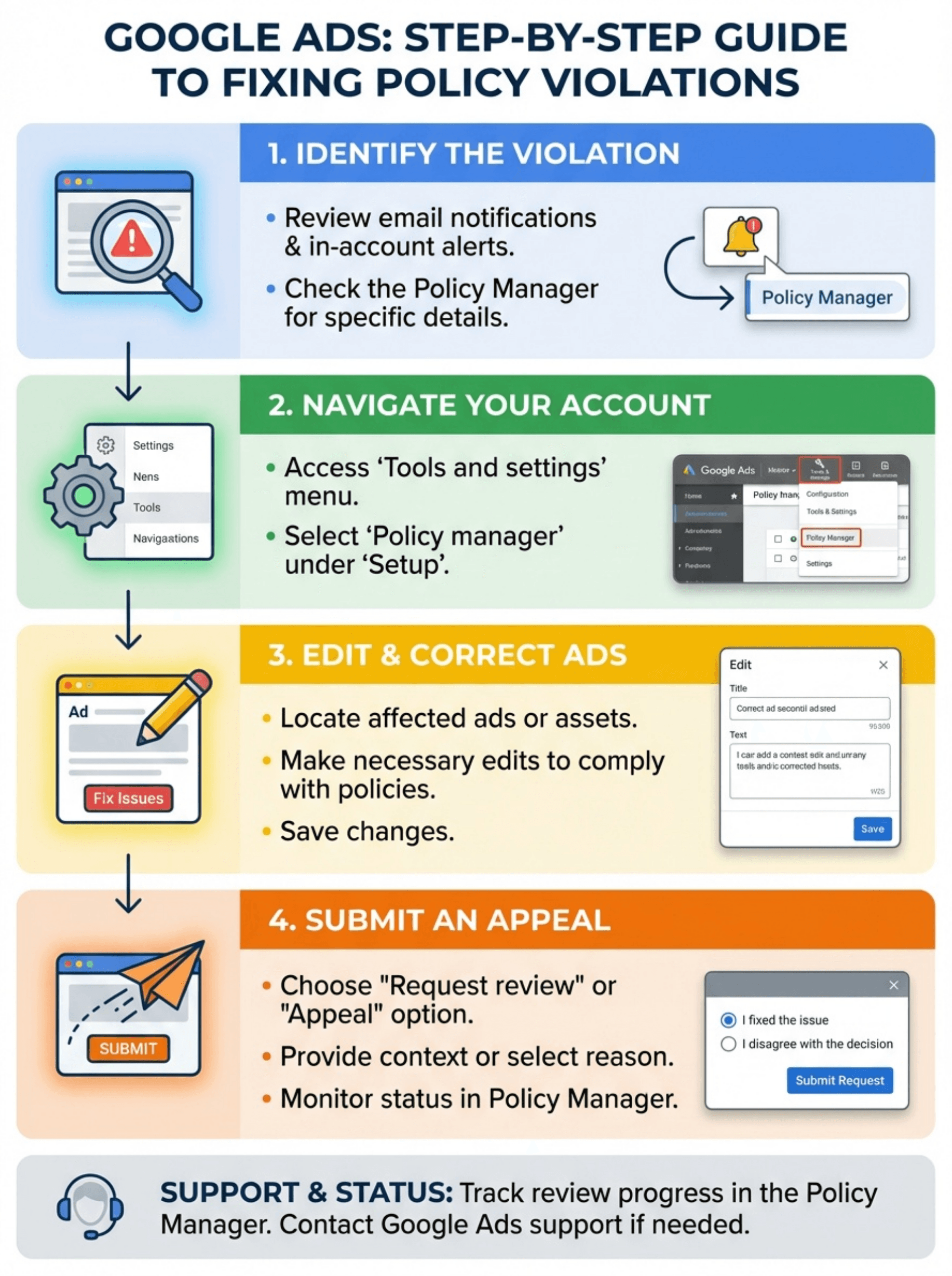 Infographic outlining steps to fix Google Ads policy violations.