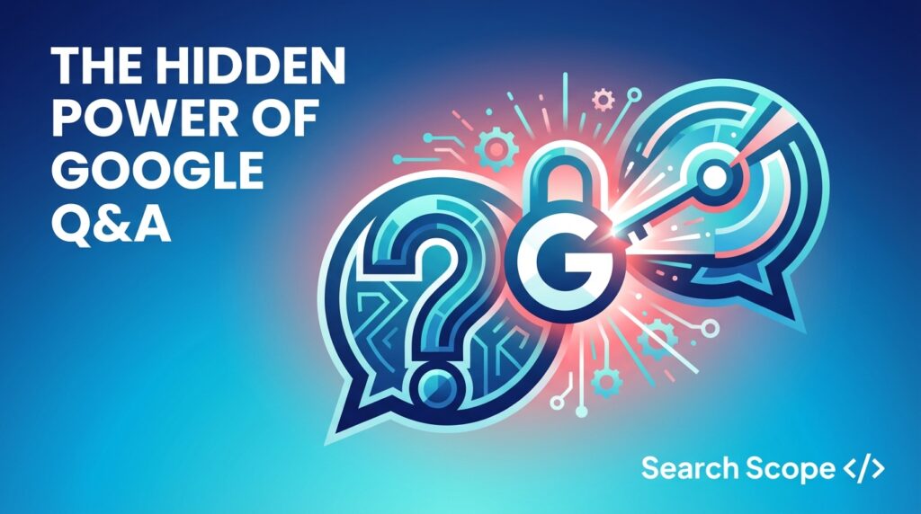 Google Q&A power concept graphic with search symbols