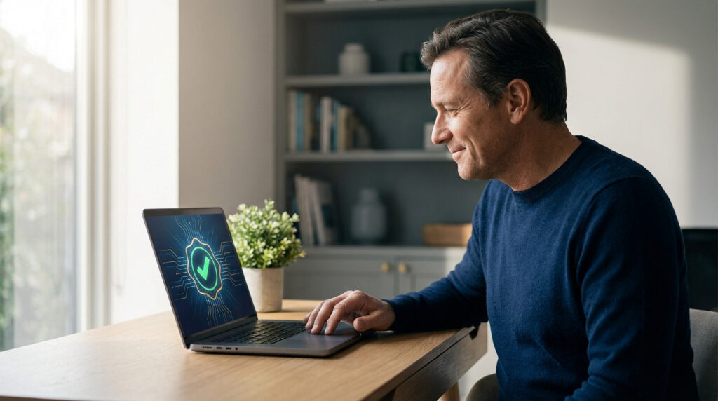 Man smiling at laptop with security software screen