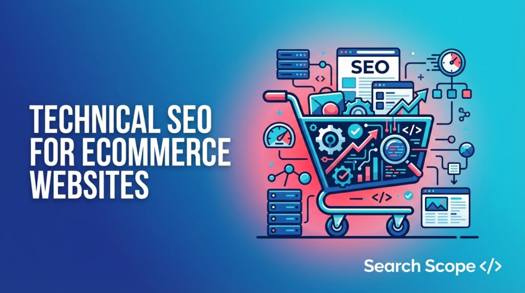 Colourful SEO e-commerce website tools illustration