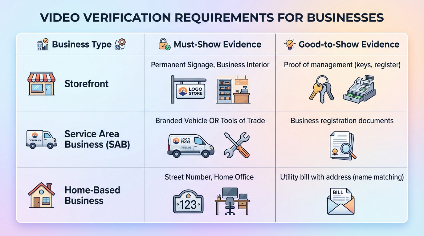 Google Business Profile video verification requirements checklist for storefronts and service area businesses