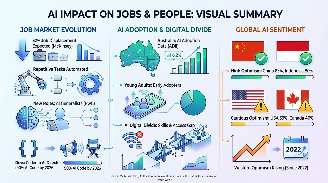 Visual summary of AI impact on jobs, skills displacement, and the digital divide for 2026