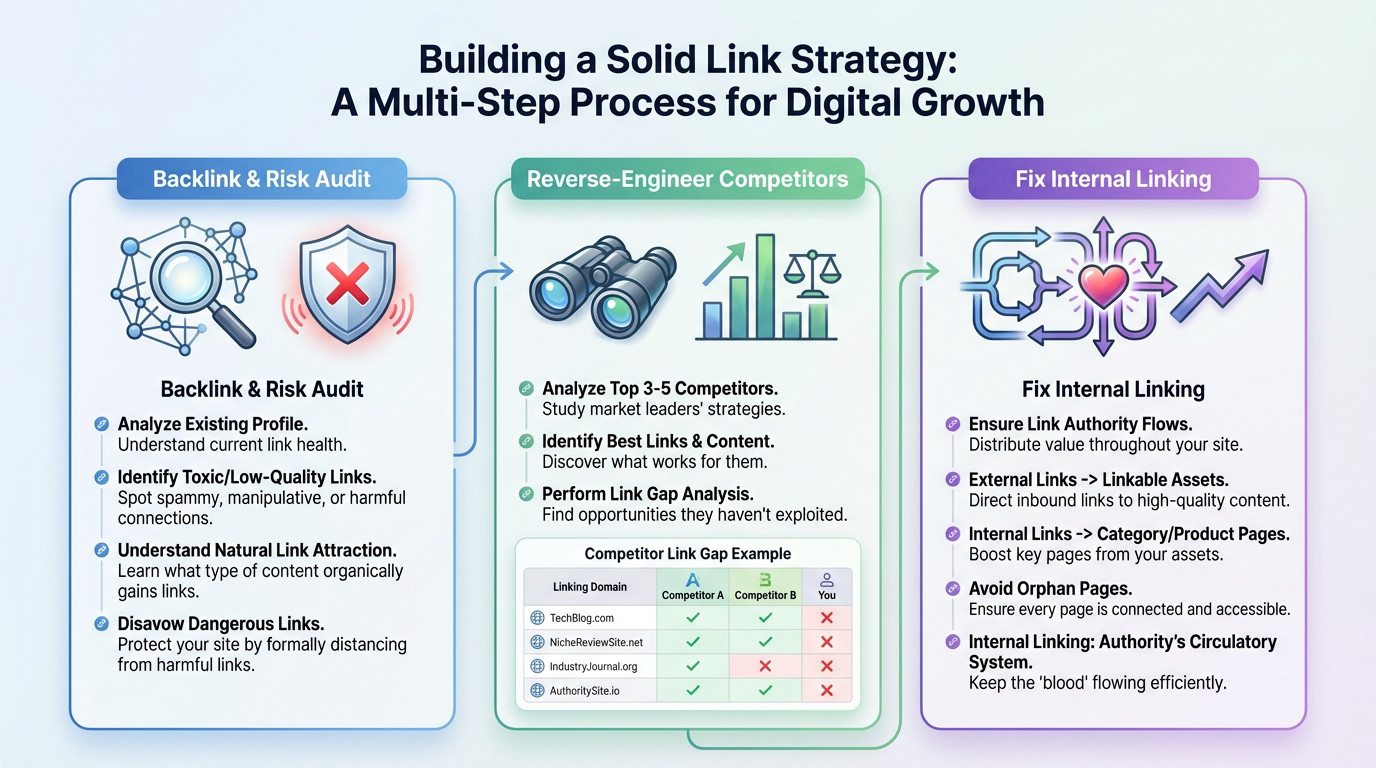 Illustration of the multi-step process for building a solid ecommerce link strategy