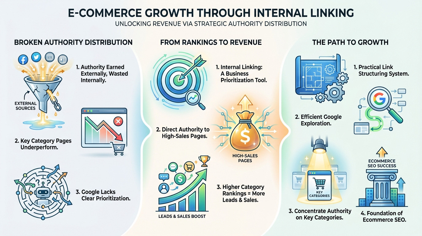 Ecommerce site architecture diagram showing authority flow from homepage to category pages