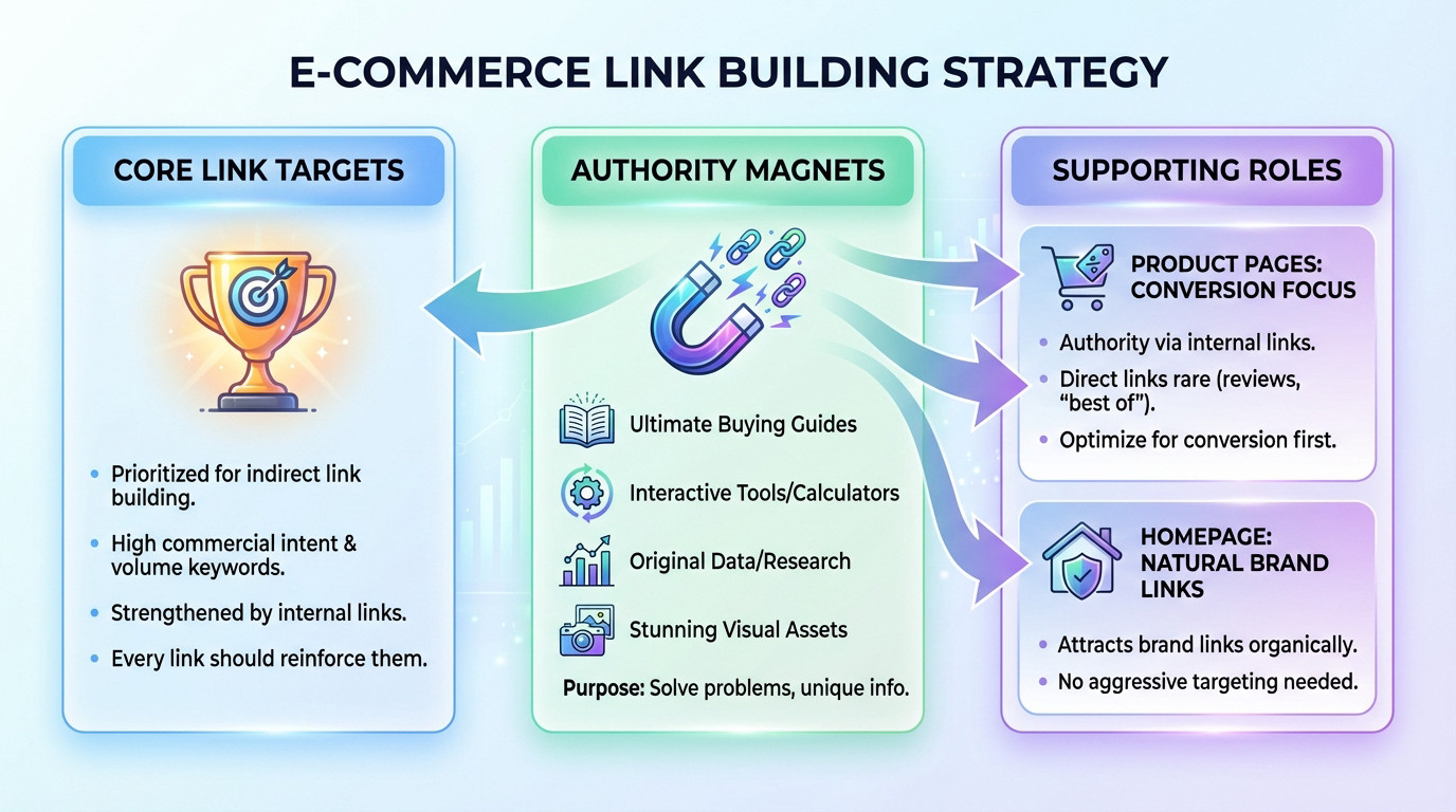 Diagram showing ecommerce link building strategy and authority flow to category pages
