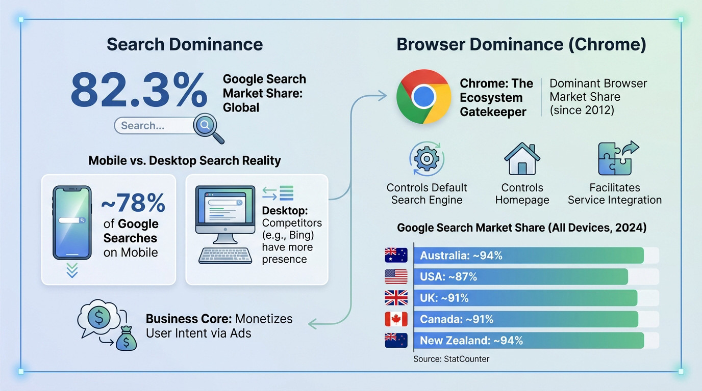 Graph illustrating Google's overwhelming search and browser market share dominance across global markets