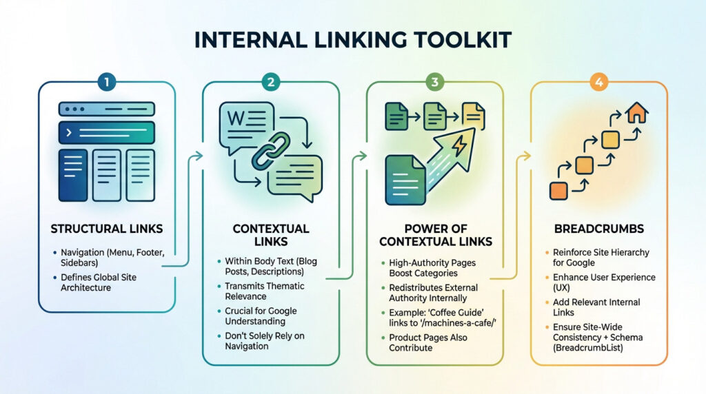 Infographic: Internal Linking Toolkit. Explains structural, contextual, and breadcrumb links, and the power of contextual links for SEO and UX.