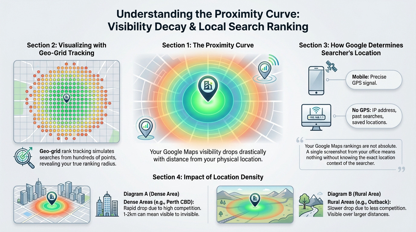 Graph showing Google Maps proximity curve and visibility decay over distance