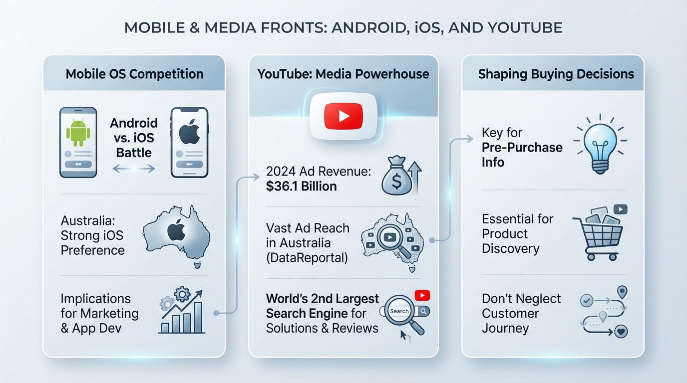 Comparison of Android and iOS market share alongside YouTube media dominance statistics