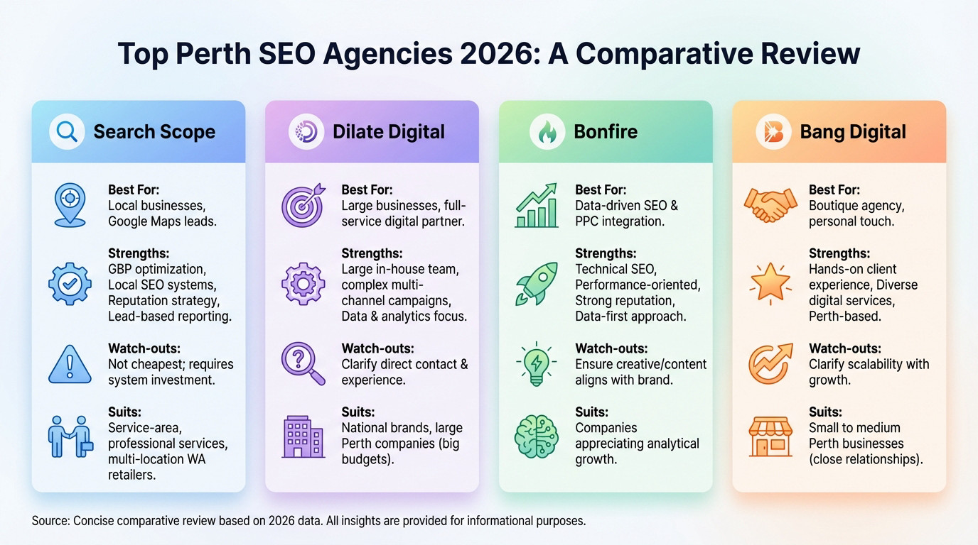 Comparison chart of the top Perth SEO agencies for 2026 highlighting local SEO and reputation management capabilities