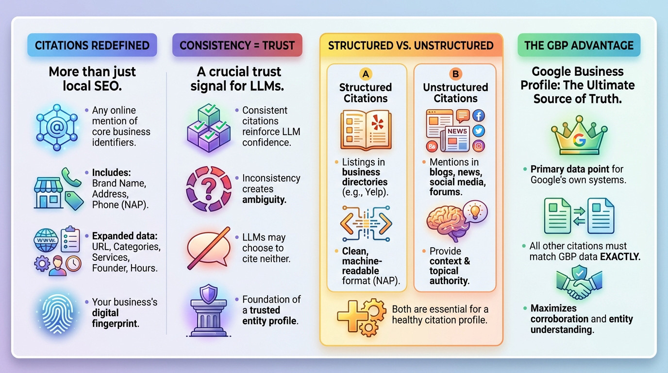 Diagram showing how LLMs use citations and Google Business Profile data for entity verification and ranking