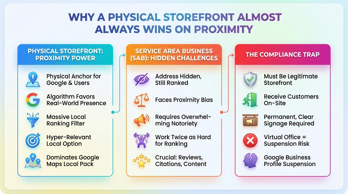 Comparison of Google Maps visibility between a physical storefront and a service area business
