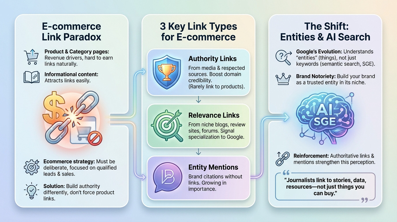 Illustration showing the unique challenges of building links for ecommerce sites compared to standard blogs