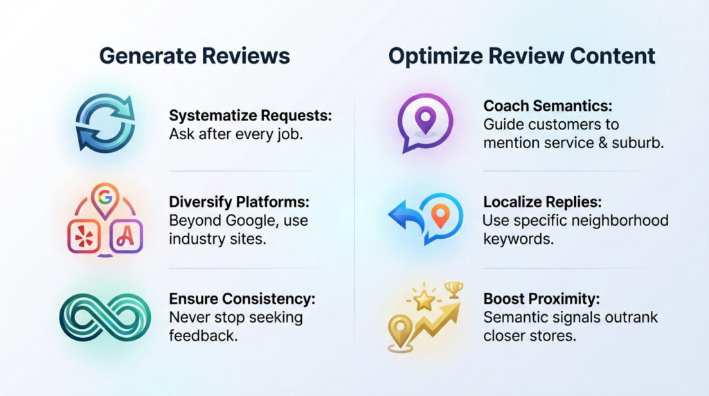 Infographic detailing strategies to generate and optimize customer reviews, with six key points and abstract icons.