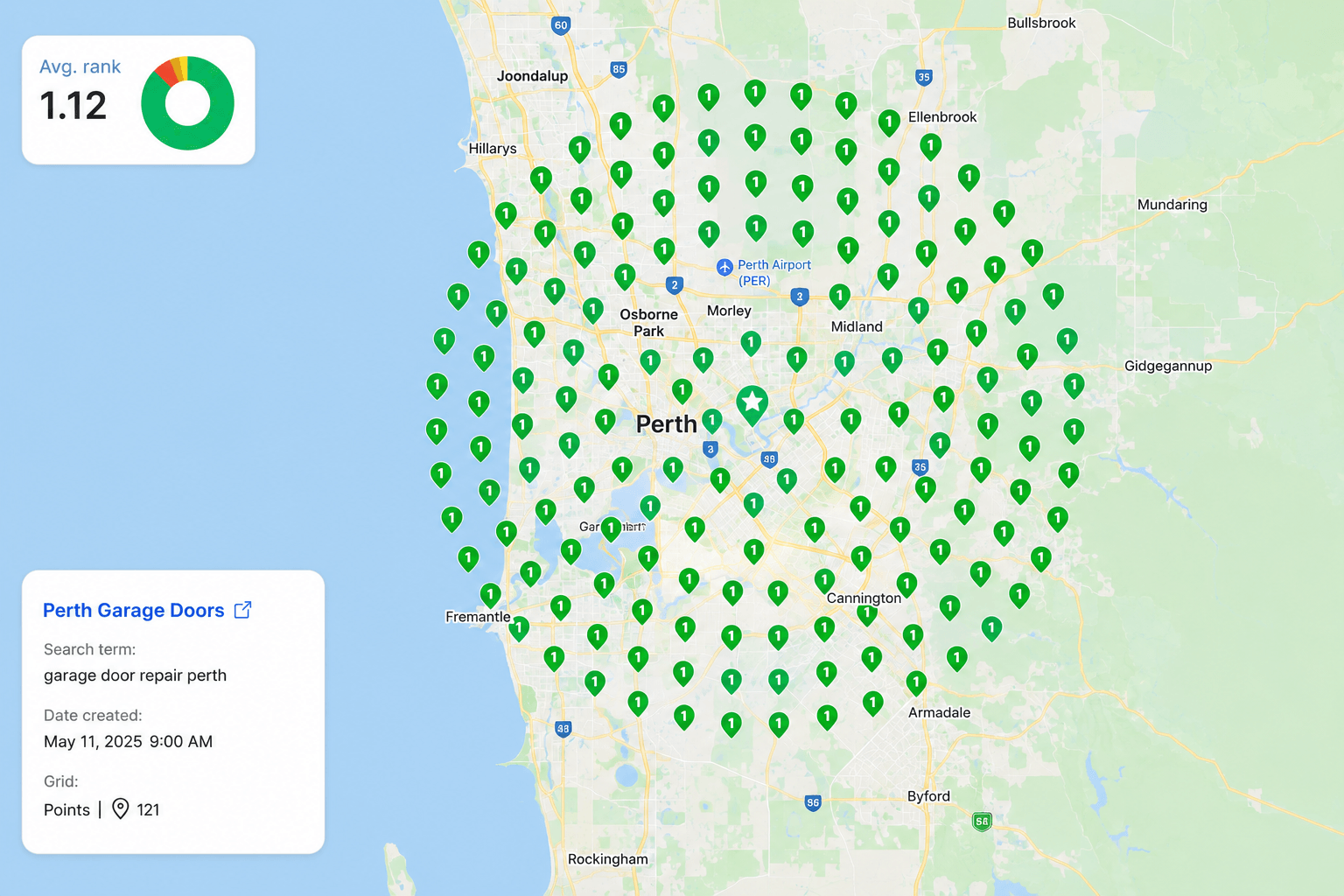 Local SEO Perth — geo grid showing dominant Google Maps rankings for a Perth business